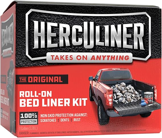 Herculiner Original DIY Truck Bed Liner Kit Textured Polyurethane Coating, Black, 1 Gallon with Brush & Rollers Durable Skid-Resistant Protection for Wood, Metal, Fiberglass, and More