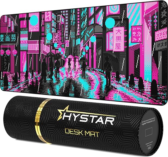 Hystar Extended Gaming Mouse Pad | XXL 36" x 16" | 5mm Thick, Waterproof Surface, Smooth Polyester Fabric, and Natural Rubber Base | Retro Tokyo (Pink and Teal)