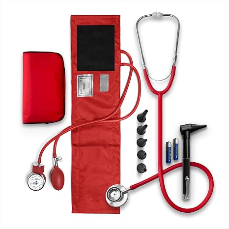 ASA TECHMED Nurse Essentials Starter Kit with Handheld Travel Case | 3 Part Kit Includes Adult Aneroid Sphygmomanometer Blood Pressure Monitor, Stethoscope, Mini Diagnostic Otoscope (Red)