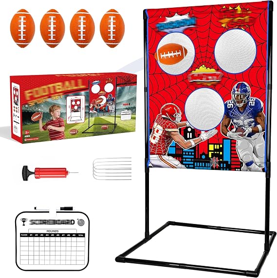 Football Toss Game Set, Includes 4 Soft Footballs - Outdoor Lawn Games for Kids, Family Parties
