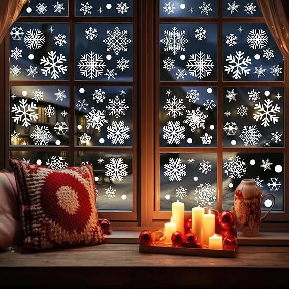 12sheets 480PCS Christmas Snowflake Window Clings Decorations,Xmas Cute Winter Decals Stickers for Home Room Office Glass Windows Door Wall Holiday Party Decor