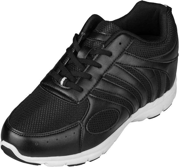 CALTO Men's Invisible Height Increase Elevator Shoes - Black Leather/Mesh Lace Up Ultra Light Trainer Sneakers - 3" Tall