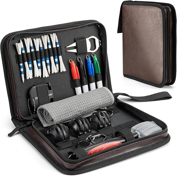 Golf Accessories for Men Women, Golf Gift Stuff with Hi-End Case, Golf Tees, Golfeball Marker, Golfer Towel, Club Brush, Divot Repair Tool, Stroke Counter and Marker Pens for Any Golf Fan, Souvenir