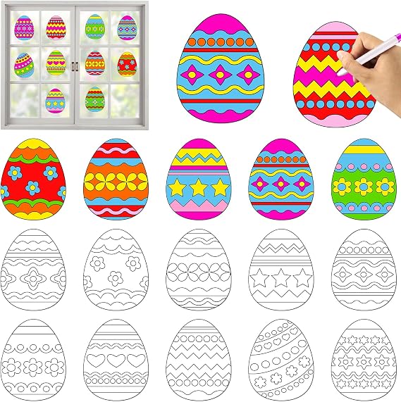 Qyeahkj 30 Set Easter Egg Arts Crafts for Kids Egg Suncatchers Craft Kit DIY Coloring Craft Window Cling Sticker with Markers Easter Theme Party Kids