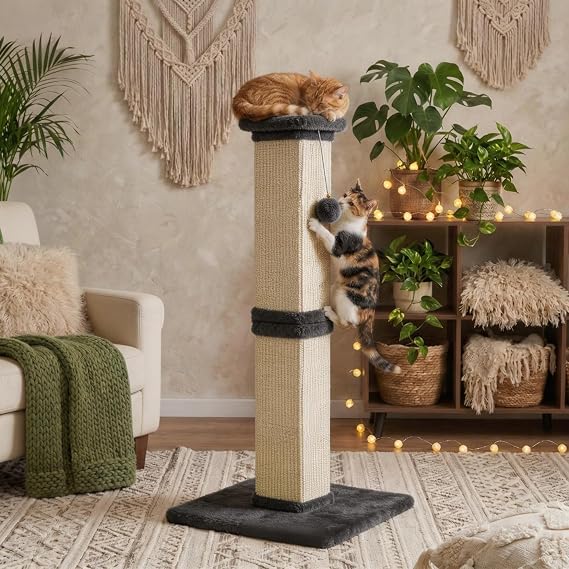32" Tall Cat Scratching Post, Cat Scratcher with Heavy Duty Thick Wood Base, Cat Tower with Natural Sisal Rope and Hanging Ball, Plant-Like Design Scratching Post, for Small and Adult Kittens, Grey
