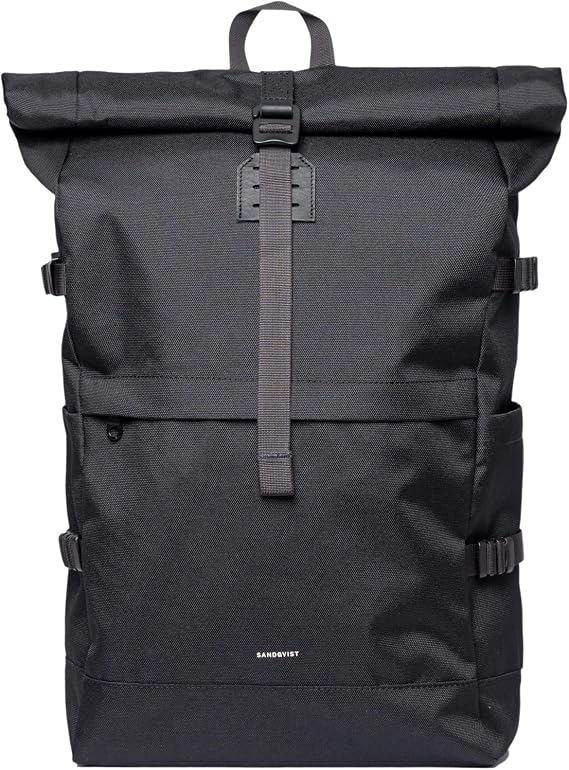 Sandqvist Men's Icon Large Rolltop Backpack, Black With Black Leather, One Size