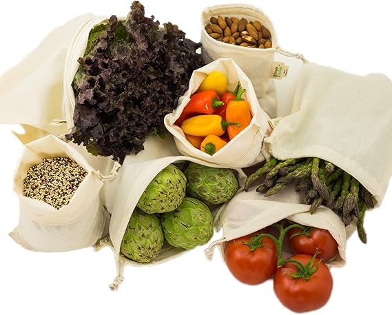 Simple Ecology Reusable Grocery Produce Shopping and Storage Bags, Organic Cotton Muslin, Set of 6 (2 ea. of L, M, S)