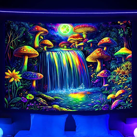 DYNH Trippy Mushroom Blacklight Tapestry UV Reactive, Fantasy Waterfall Moon Cool Flower Gothic Black Light Art Aesthetic Tapestry Poster for Men Room Bedroom, Glow in the Dark Tapestry Party Decor