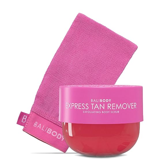 Bali Body Express Tan Remover and Exfoliating Mitt Bundle, Self Tan Eraser and Body Scrub for Streak-Free Skin, Removes Self Tanner and Spray Tan, Vegan Formula with Grapefruit Scent
