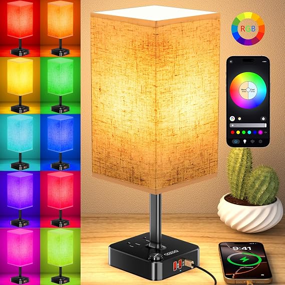 cozoo RGB Remote Bedside Lamp 16 Color Dimming for Nightstand Table Flaxen