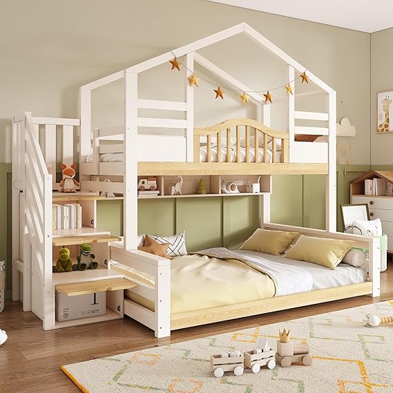 Solid Wood Bunk Bed with Storage Staircase, 3FT Single 4FT6 Double Bed Frame House-Shaped Children's High Sleeper Cabin Bed with Guardrail, Three Sleeper Loft Beds for Kids Teens Adults, White&Natural