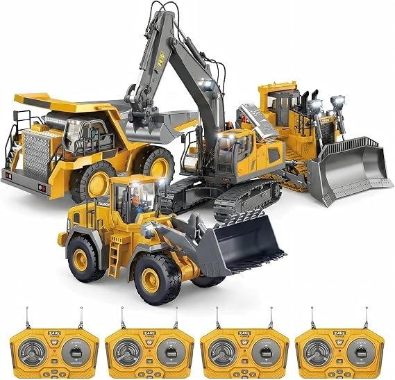4-Pack RC Construction Vehicles Set, Alloy Excavator Dump Truck Bulldozer Loader, 2.4GHz Interference-Free Remote Control Trucks, Sandbox Digger Toys for Boys with Lights