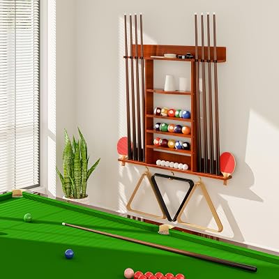Pool Cue Rack 8 Pool Stick Holder Wall Mount 2-in-1 Pool Stick & Ping Pong Paddle Holder Billiard Cue Rack Solid Wood Billiard Table Accessories for Billiard Room, Game Room Classic Burgundy