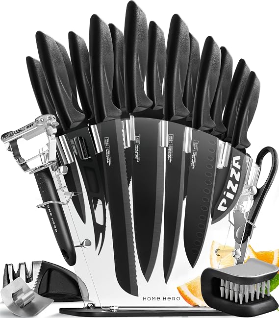 Home Hero Kitchen Knife Set - High Carbon Stainless Steel Blades & Built-In Sharpener - Ergonomic Handles & Cutlery Block Storage - Precision Cooking Prep with Chef Knife - 20 Pc, Black | High Carbon Stainless Steel Knife Set with Block - Built-In Sharpener, Ergonomic Handles for Everyday Cooking (20-Piece)