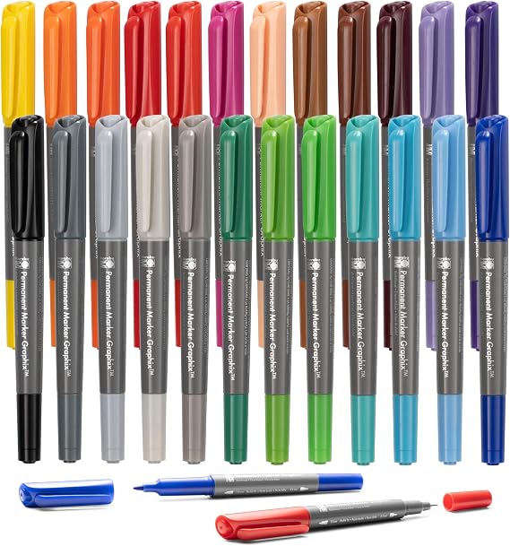 Marabu Permanent Markers - 24 Fine & Ultra Fine Point Permanent Markers for Artists and Everyday Use - Dual Tip