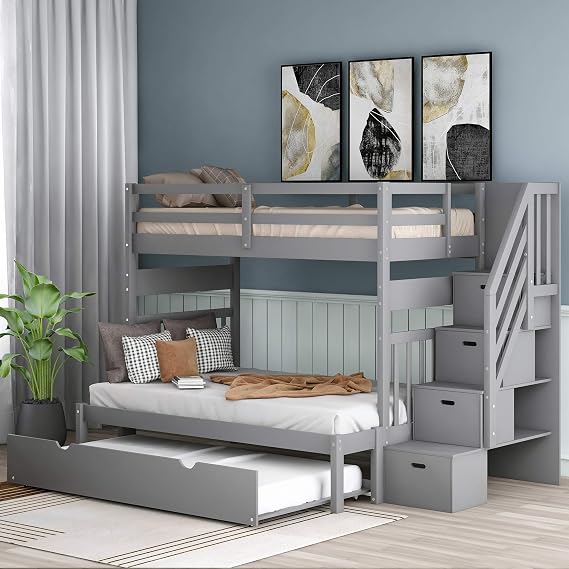 Harper & Bright Designs Stairway Twin Over Full Bunk Bed with Twin Size Trundle and Drawers, Solid Wood Bunk Bed Staircase Can be Placed on the Left or Right Side (Grey)