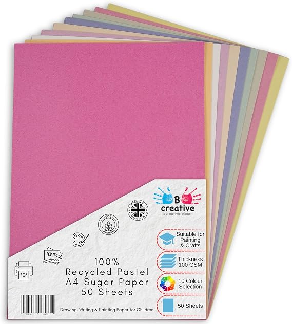 Be Creative A4 Recycled Sugar Paper 29.7 x 21 cm 100gsm – 50 Sheets in 10 Assorted Pastel Colours for Arts, Crafts, Drawing & Scrapbooking