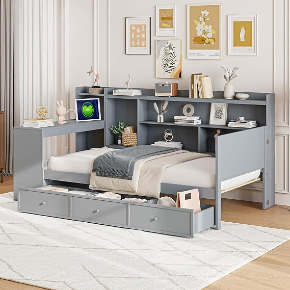 Twin Size Daybed Wooden Day Beds with 3 Drawers and Desk, Twin Sofa Bed Frame with Bookshelves for Kids, Boys, Girls & Teens, No Box Spring Needed, Grey
