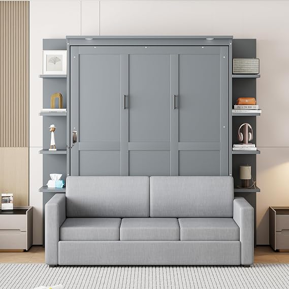 LUMISOL Queen Size Murphy Bed Wall Bed with Sofa, Horizontal Murphy Bed with Storage Shelves, No Box Spring Needed, Gray