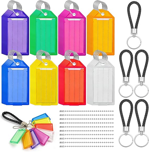 40 Pack Key Tags with Labels, 8 Colors Key Fobs with Labels, Key Labels Set with 10 Ball Beads Chains and 5 Keychain Cables for Keys, Pets, Luggage & Memory Stick Tags