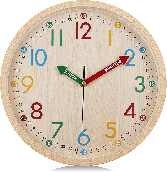 Lafocuse 12 Inch Silent Colorful Wall Clock Wood Grain Easy to Read, Cute Analog Rainbow Clock Time Teaching for Classroom Bedroom School