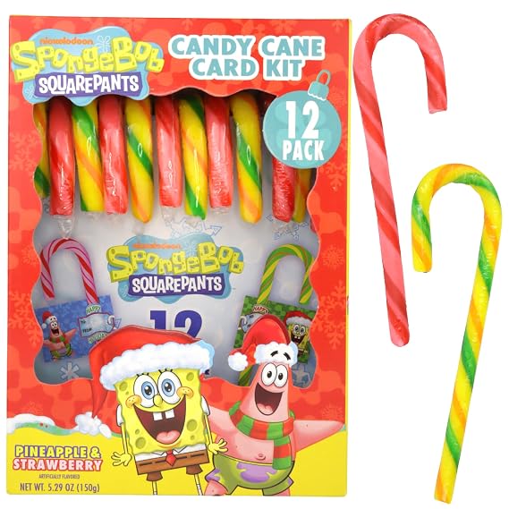 SpongeBob SquarePants Canes with Candygram Cards, Christmas Party Exchange Kit, Stocking Stuffer Treats, 12 Count, 5.29 Ounces