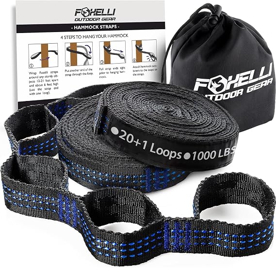 Foxelli XL Hammock Straps - Extra Long 20FT Heavy Duty No-Stretch Suspension System, 40+2 Loops, 2000 LBS Capacity, for Indoor/Outdoor Use Set of 2 Straps & Carry Bag