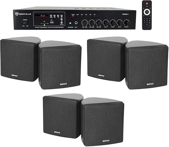 Rockville RCS80-1 60W 70V Restaurant Amplifier with 6 Black Cube Speakers