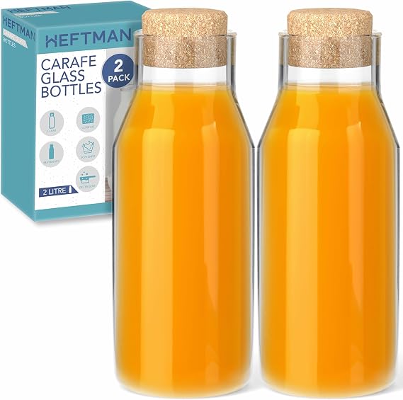 HEFTMAN Carafe Glass Bottle 2 Litre (2 Pack) - Glass Bottles with Cork Lid
