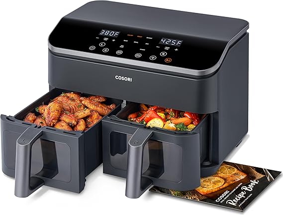 Cosori Dual Air Fryer, 9QT, 10-in-1,Sync Cook & Finish, Max 450F | Dual 4.5QT Baskets,Independent Cooking, Touch Control, 95-450F, 85% less oil, 130+ Nutritional Recipes, Dishwasher-Safe