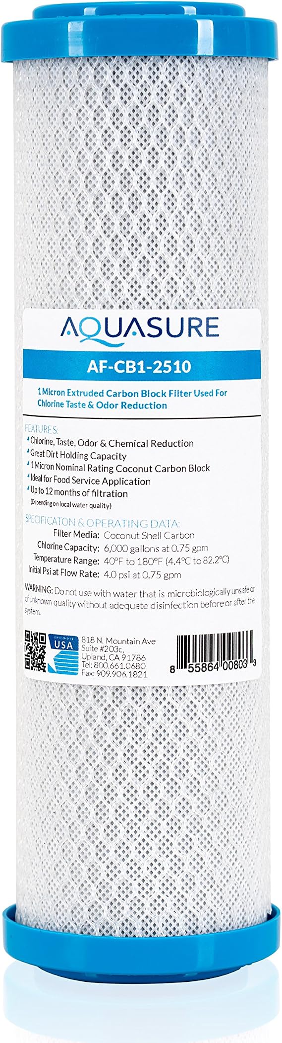 Aquasure Pioneer Series 1 Micron Solid Coconut Shell Carbon Block Water Filter - 10" x 2.5"