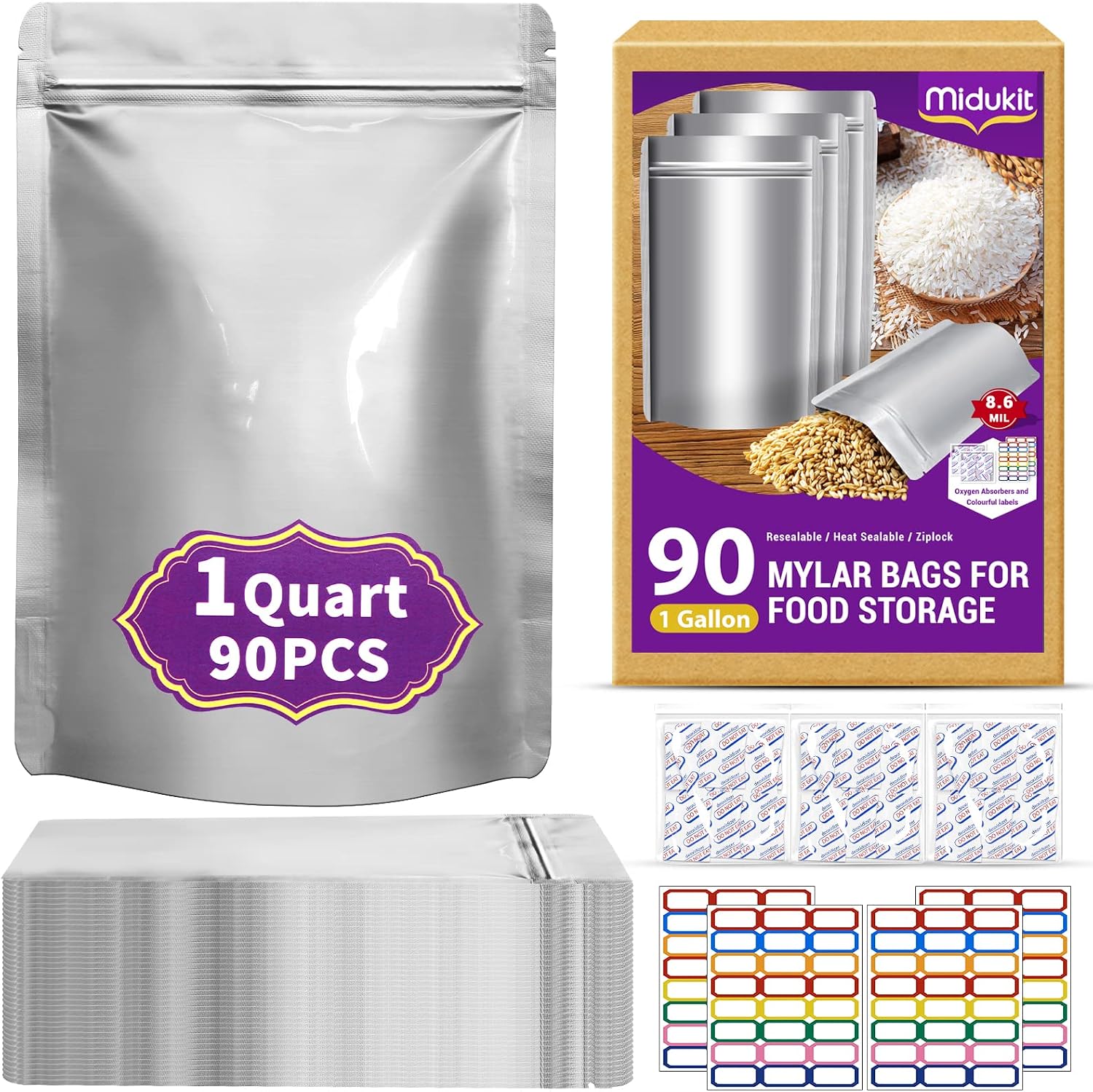 90 PCS Mylar Bags With Oxygen Absorbers For Food Storage 1 Quart 6"x8" 8.6Mil, Mylar Bags Small With Oxygen Absorbers 9000cc + Labels Heat Sealable Resealable Ziplock For Long Term Storage, Food Grade