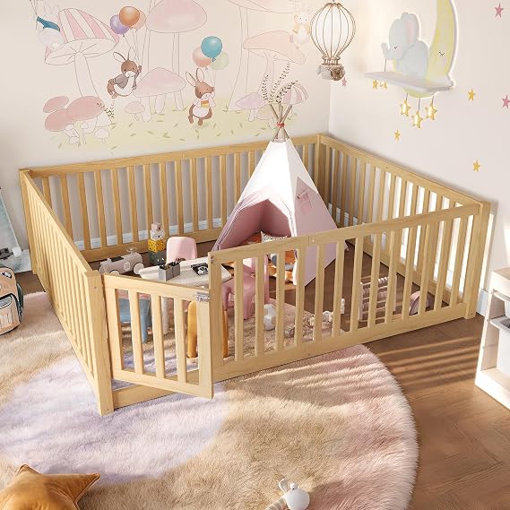 Bellemave Full Kids Montessori Floor Bed with Door and High Fence,Natural