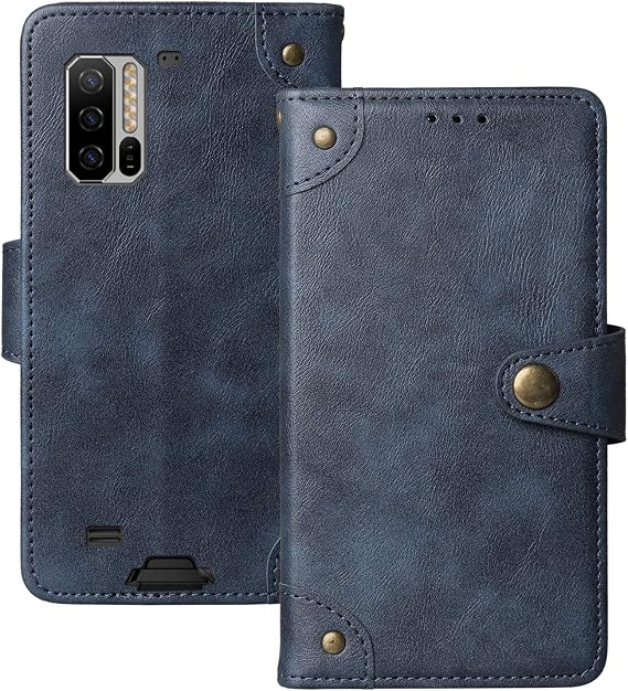 Genuino Cuero Funda Carcasa Protección De Piel TPU Silicona para Ulefone Armor 7 / 7E 6.3" Flip Folio Billetera Cover Case (Azul)