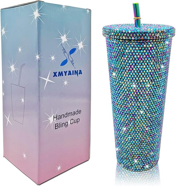 26oz Bling Cup Diamond Studded Tumbler Glitter Water Bottle with Lid and Straws Stainless Steel Vacuum Insulated Coffee Ice Cup Gift for Women (Aurora Purple)