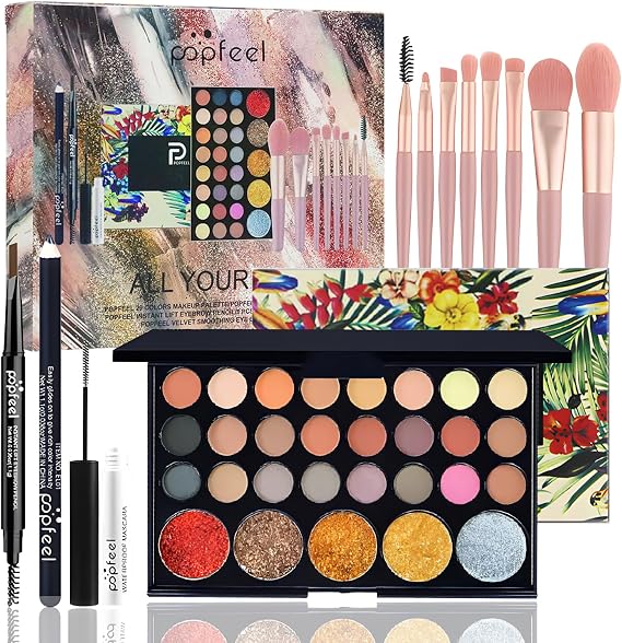 RoseFlower Professional Makeup Set, Essential Make up Starter Set Make-up Gift Sets Makeup Kit with 29 Colors Matte Glitter Eyeshadow Palette Makeup Brush Set Eyebrow Pencil Eyeliner Mascara