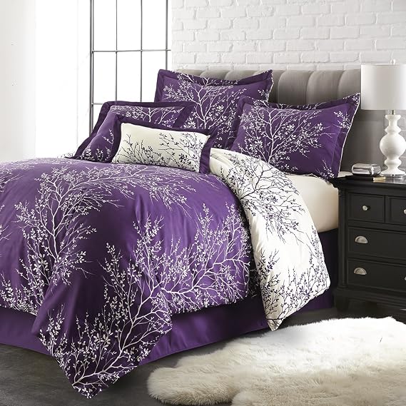 home SL EST. 1988 Hotel 5Th Ave 6-Piece Foliage Collection Plush Reversible Comforter Set, Queen, Purple/Ivory (6PCFOLCOMF-PIQ)