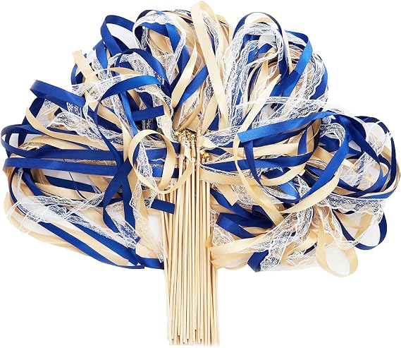 100 Pack Ribbon Wedding Wands Sticks with Gold Bells and Lace | Silk Fairy Wand, Wedding Party Favors Streamers, For Party Activities, Baby Shower, Holiday Celebration