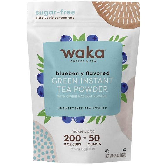 Waka Blueberry Green Tea Powder - Unsweetened Instant Tea Mix, No Sugar Added, 100% Real Tea Leaves - Hot or Iced Drink Mix, for Loaded Teas and More, Makes 200 Cups (4.5 oz Resealable Pouch)