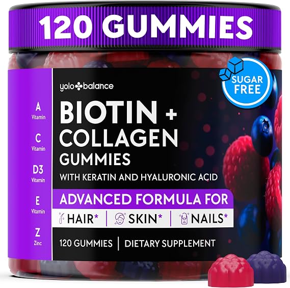 Biotin Gummies 10000mcg for Hair Growth Support - Sugar Free Multi Collagen with Keratin, Silica & Hyaluronic Acid - Pectin Based, Soft Chew Hair Skin and Nails Vitamins - 120 Count