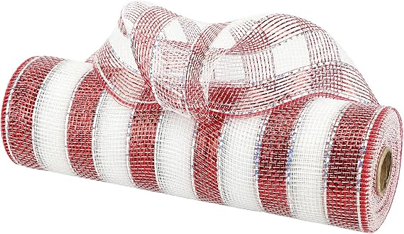 MEEDEE Red and White Deco Mesh Metallic Striped Ribbon 10 Inch Candy Cane Mesh Ribbon for Christmas Tree, Garland, Staircase, Mailbox, Centerpiece, Wreaths, Decorating and Crafts (30 Feet)