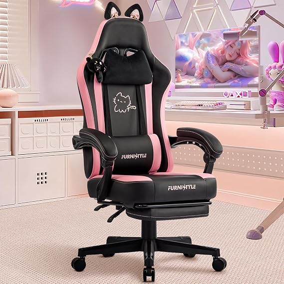 Hellove Pink Gaming Chair with Footrest, Ergonomic Gaming Chair for Women with Cat Ears, Pocket Spring Cushion, Reclining Gamer Chair with Lumbar Pillow & Headrest, Computer Gaming Chair, Black/Pink