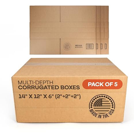 Multi-Depth Corrugated Shipping Boxes, 14"L x 12"W x 6"H, Pack of 5 - USA-Made Boxes for Moving, Storage & Small Business Packaging - Heavy-Duty Cardboard Bines for Household & Office by IDL Packaging