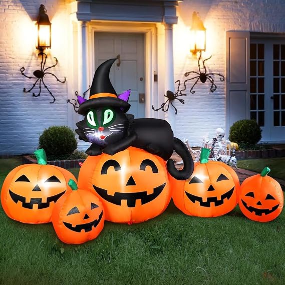 5FT Halloween Inflatable Pumpkin Outdoor Decoration, Lighted Blow Up Yard Decor, 5PCS Pumpkins with Witchs Black Cat Built-in LED Lights for Balcony Home Holiday Party Lawn Patio Outside Events Prop