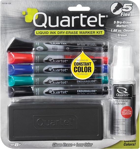 Quartet Dry Erase Markers Accessory Kit, Includes 5 Fine Tip EnduraGlide Dry Erase Pens, Whiteboard Eraser, White Board Cleaning Spray Bottle, for Teachers, Home School & Office Supplies (5001M-5SK)
