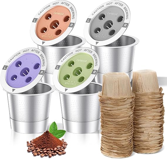 CAPMESSO Disposable Coffee Filters 300 Count & 4 Reusable K Cup for Keurig 2025 Updated Metal Coffee Filter with 5 Holes & K Cup Filters Disposable - for K Supreme/K Slim/K-Duo Gen2/K-Brew Chill