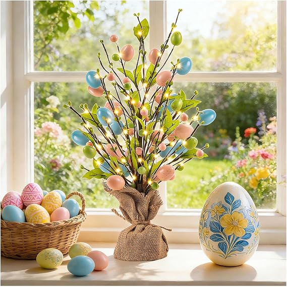 Easter Egg Tree for Table, 18Inch Pearl Tree Decorations with Eggs Hanging String Lights for Home Party Wedding Holiday Decoration