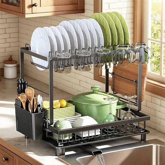 Dish Drainer Rack, 2 Tier Dish Drainer Rack Multifunctional, Rustproof Dish Racks with Drainboard, Space-Saving Utensil & Cup Holder for Kitchen Counter, Black