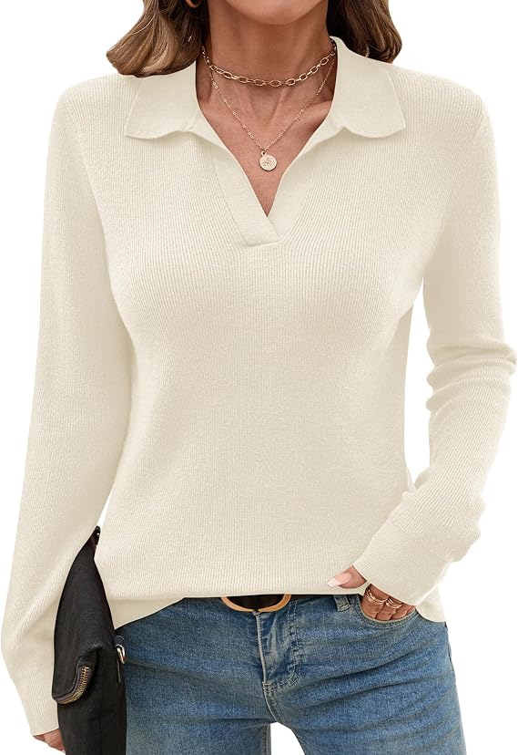 Romanstii Women's Knitted Collared Sweaters Long Sleeve V-Neck Polo Shirts Winter Pullover Tops