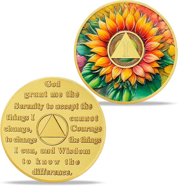 1 Year Sunflower Sobriety Coin - AA Chip Recovery Token - Sober Medallion with Serenity Prayer - AA Coin for Sobriety Gifts for Women and Men - Sober Gift Recovery Medal for AA Token Milestones